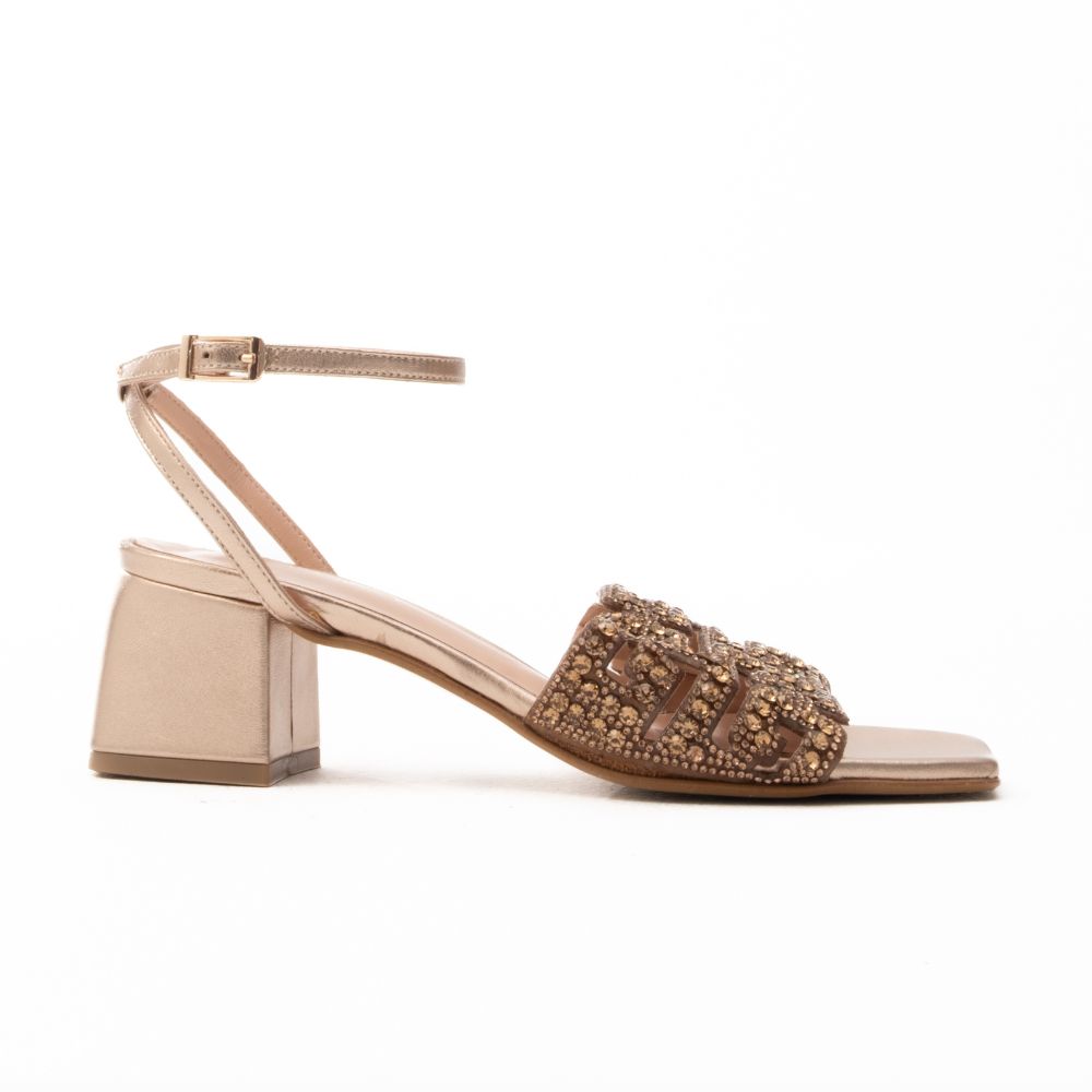IRIS EMMA Rose Gold Γυναικεία Πέδιλα με Strass & Block Τακούνι
