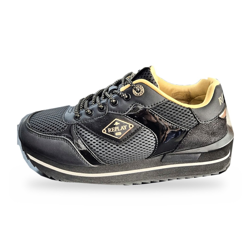 Replay Miss Rhombus μαύρο γυναικείο sneaker με χρυσό λογότυπο και πλατφόρμα