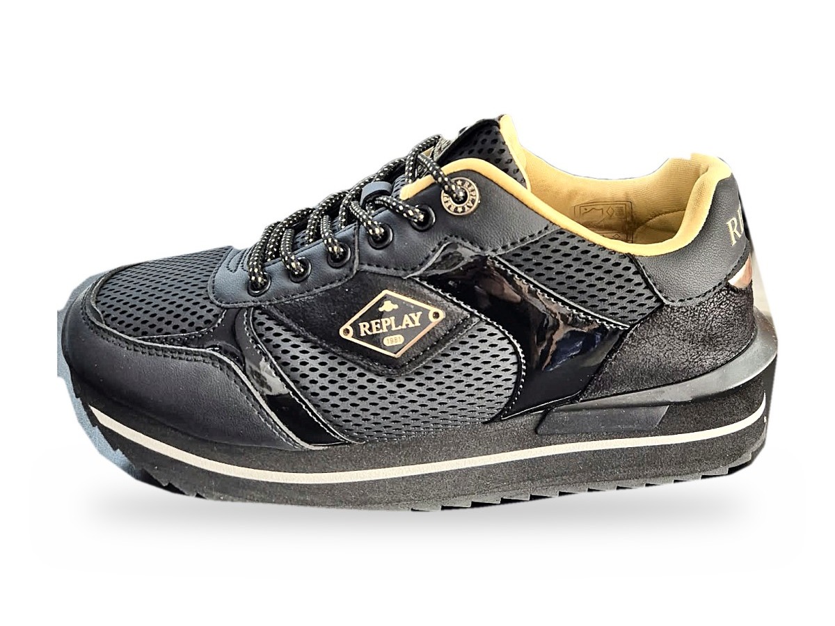 Replay Miss Rhombus μαύρο γυναικείο sneaker με χρυσό λογότυπο και πλατφόρμα